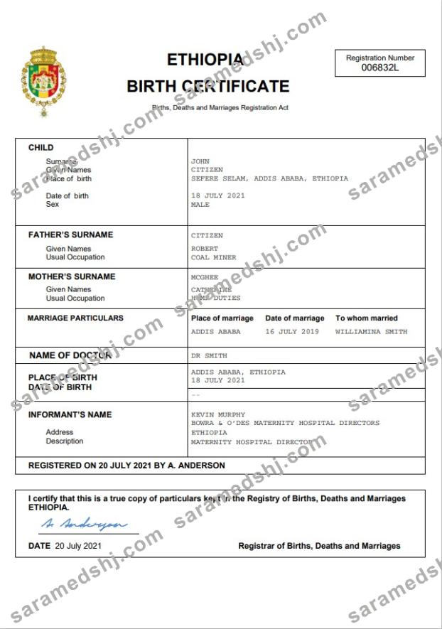 Ethiopia vital record birth certificate Word and PDF template